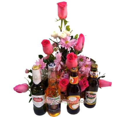 Arreglo con Rosas y Cervezas Importadas | Canastas de Regalo para Mujeres - Cod:MNE04