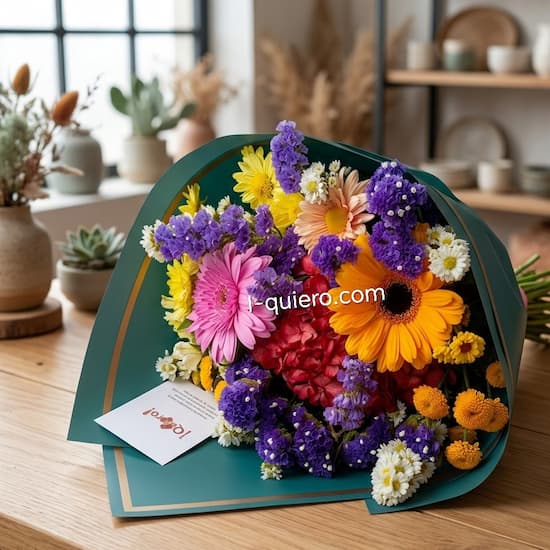 Impresionante ramo de flores de estación con papel de colores - Cod:CJS12