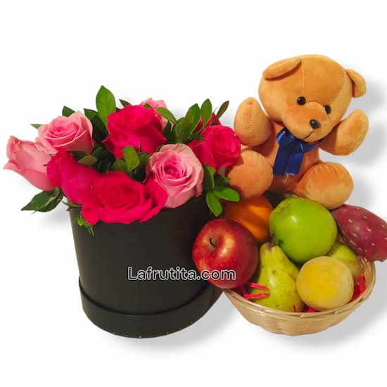 Arreglo Frutal con Arreglos Floral y peluche - Cod:DMK08