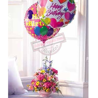 Cesta de Flores Multicolor y Globos a domicilio Regalos lima - Cod:GBH28