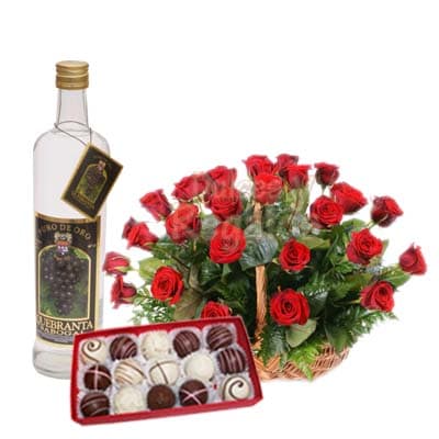 Arreglo Floral con Pisco y bombones Delivery Regalos San Miguel - Cod:LIC01