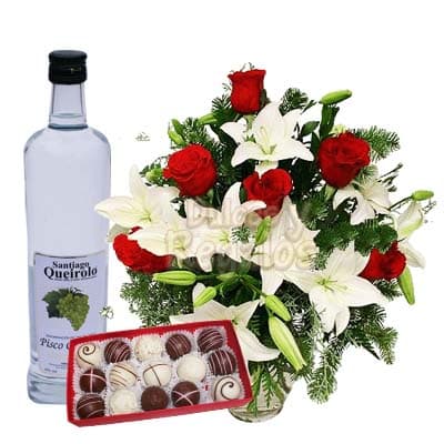 Pisco, Bombones y Arreglo Rosas | Rosas Delivery | Arreglos con Licor - Cod:LIC04