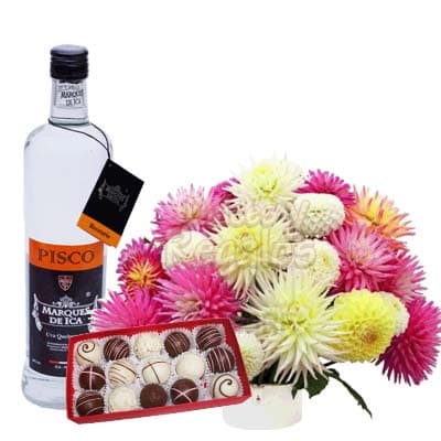 Pisco, Bombones y Arreglo Rosas | Arreglos con Licor | Arreglos florales con Licor - Cod:LIC05