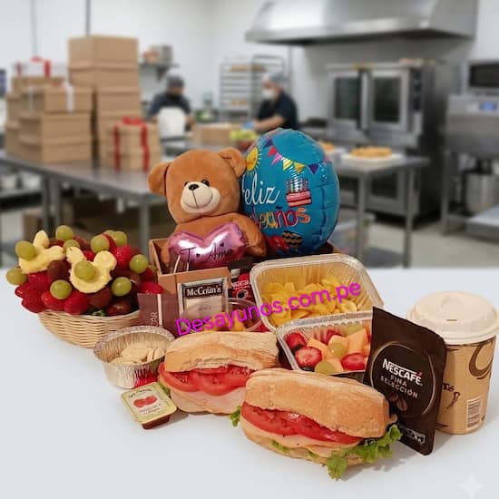 Desayuno gourmet Delivery con peluche, globo y frutas frescas delivery - Cod:NAS16