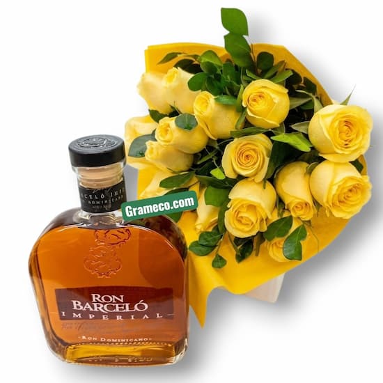 Ramo de 12 rosas amarillas con ron Barceló 750 ml delivery Lima - Cod:OTR10