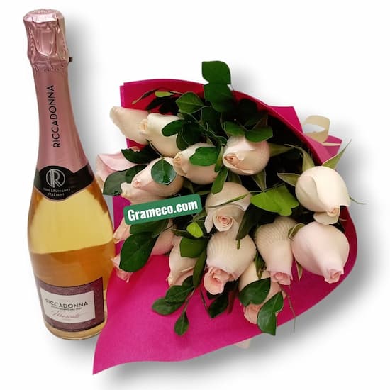 Ramo de 12 rosas crema con espumante Ricadona 750 ml delivery - Cod:OTR11