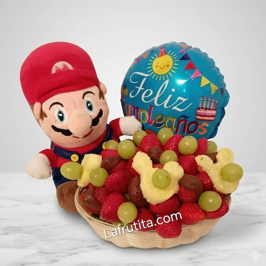 Peluche Mario Bros con globo, cesta gourmet y fresas delivery - Cod:PLH20