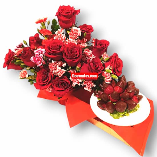 Freas con Chocolate y Arreglo de 12 Rosas Importadas - Cod:QFA12